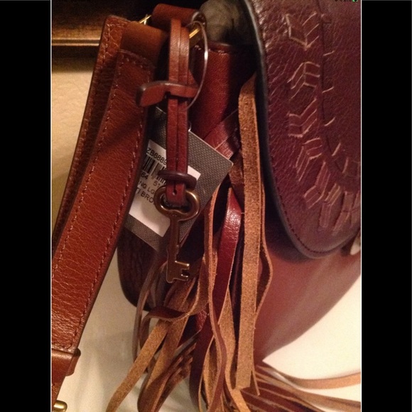 NWT Fossil Women’s Brown Leather Fringe Saddle Crossbody Bag - Picture 3 of 11